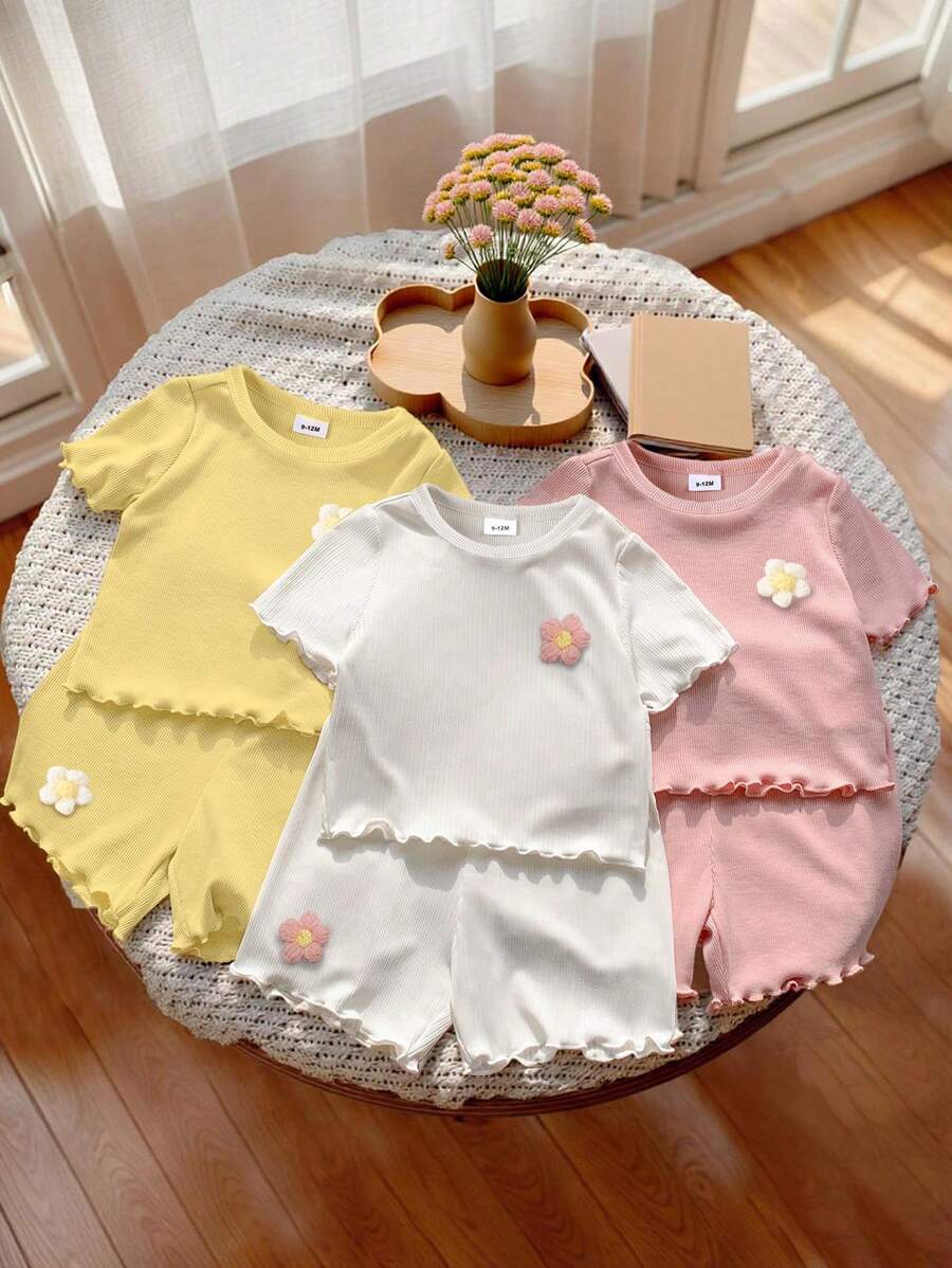 Set da 6 pezzi per neonata, nuova collezione estate, Maglietta a maniche corte con arricciatura ai polsi, motivo floreale ricamato, girocollo, pantaloncini corti, in tinta unita, stile casual di moda
