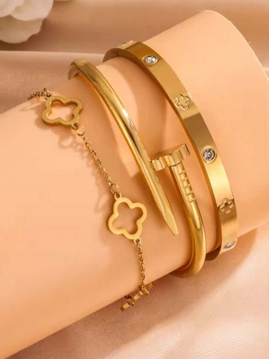 1 Set 3pcs Stainless Steel Minimalistic Floral Hollow Design Bangle Bracelets, Fashion Elegant Creative Personalized Gift For Women Daily Wear