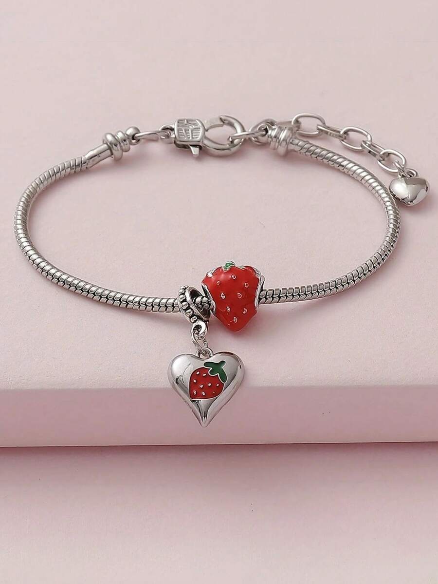 1pc Sweet Cute Simulated Oil Painting Heart-Shaped Strawberry Fruit Bracelet, Suitable For Daily Wear, Dating, Vacation And Casual Outfits