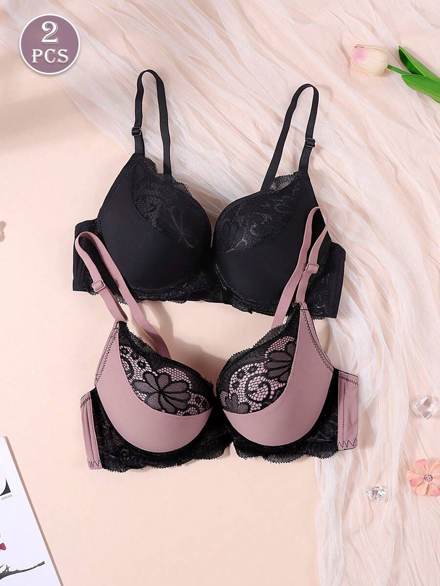 2 Pcs Romantic Countryside Charm - Elegant Mature Charm - Lace Patchwork Knit Bras