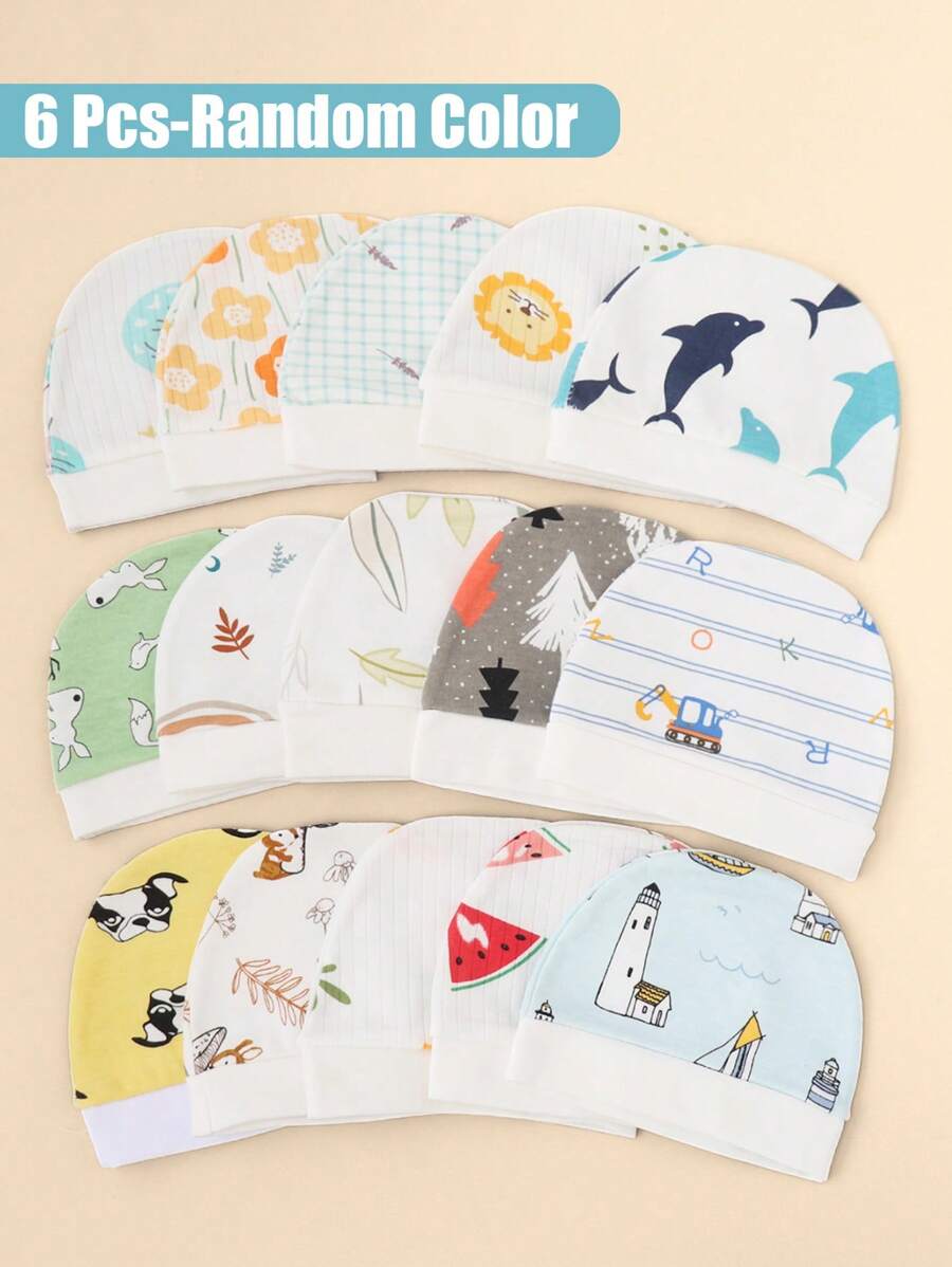 6pcs/Pack Newborn 0-3M Baby Dolphin & Lion Design Warm Protective Decorative Caps, Cute Daily Casual Infant Accessories, Suitable For Newborn Outdoor Activities And Daily Use