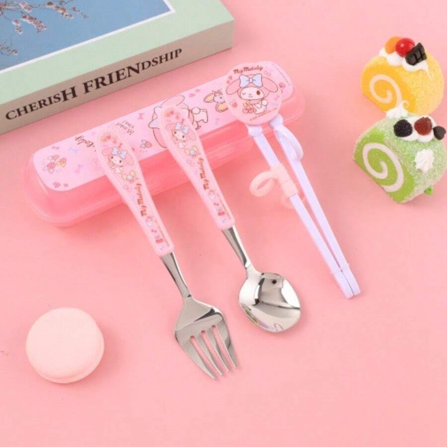 Sanrio Sanrio My Melody Stainless Steel Fork And Spoon Set With Box, Cartoon Cute Portable Reusable Tableware, Cute Home And Outdoor School Supplies, Camping Accessories Christmas Birthday Gifts