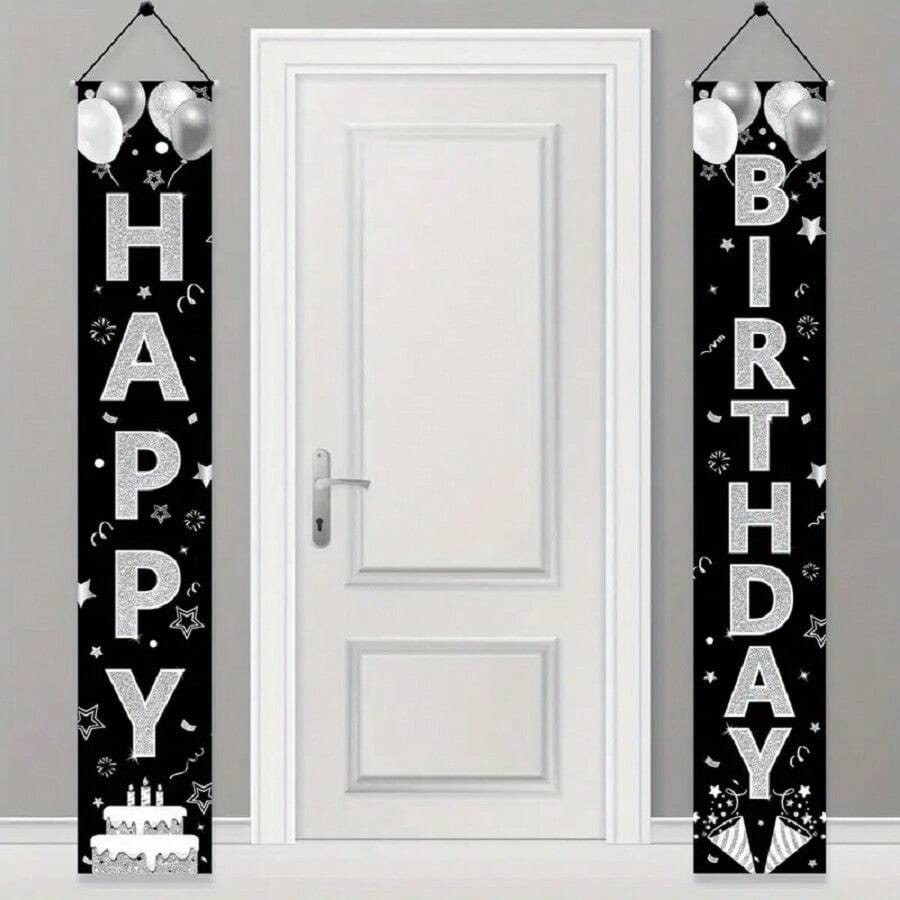 2pcs 1 Pair Of 2D Door Signs Polyester Happy Birthday Door Signs, 12x71 Inches, No Electricity Required, Suitable For Party Decoration, Black And Silver