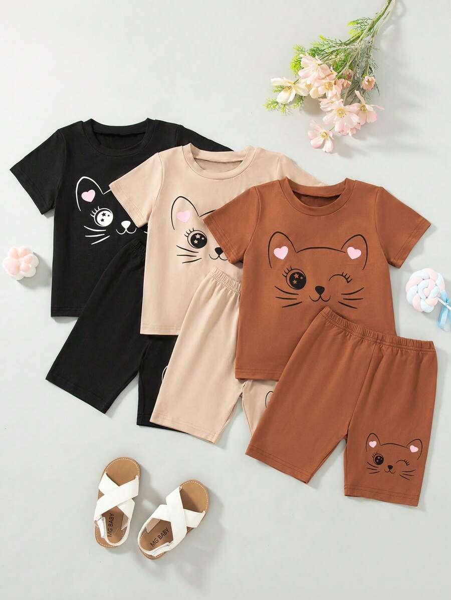 3pcs/Set Girls Cartoon Cat Print Solid Color Round Neck Short Sleeve T-Shirt And Shorts Set