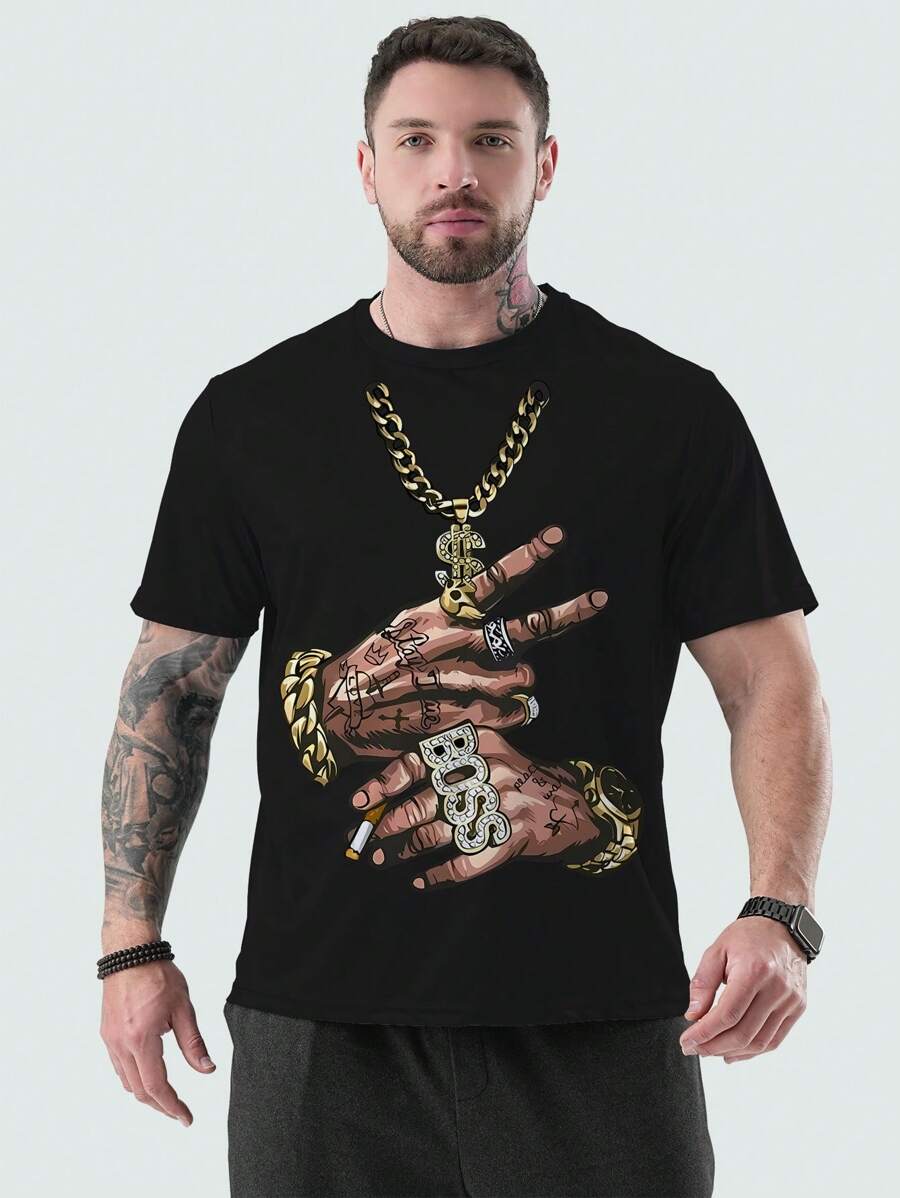1pc Men's Plus Size Street Style Hip-Hop Creative Pattern T-Shirt, Suitable For All Seasons