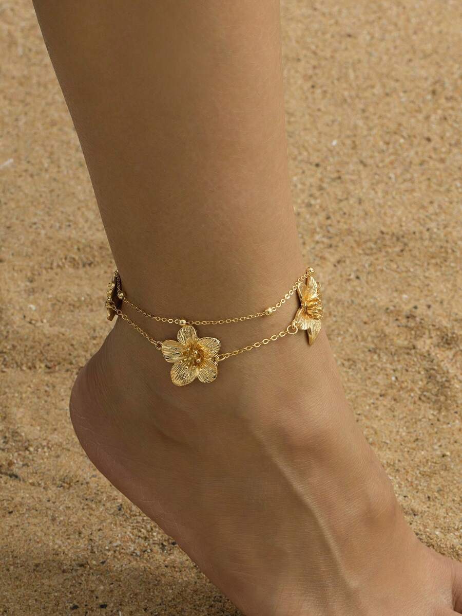 1pc Women Summer Layered Floral Design Ankle Chain (Random Beads Quantity)
