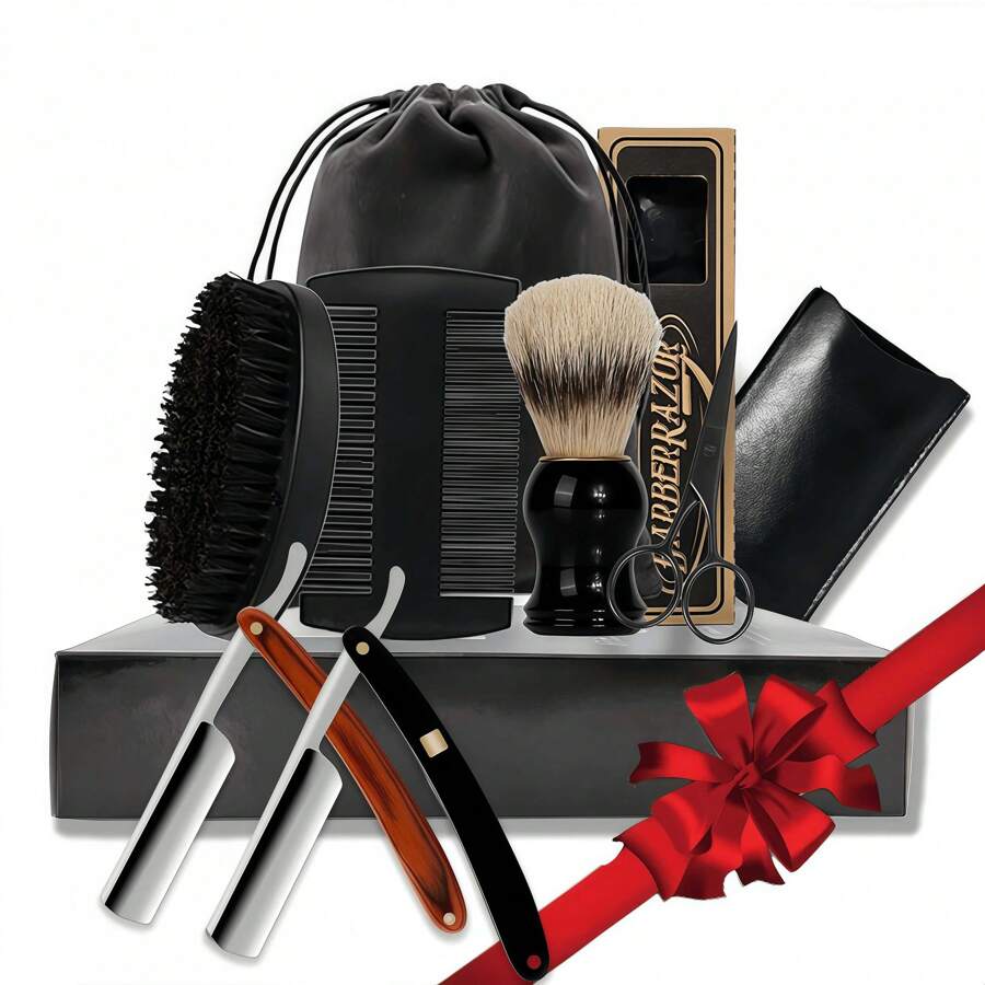 Men's Straight Razor Shaving Kit, XG High Carbon Steel Blades, Natural Wooden Handle, Shaving Brush, Comb, Scissors, With Storage Pouch, Gift For Valentine's Day, Christmas, Father's Day