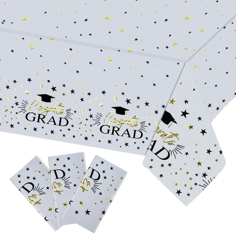 3 Pieces ,Party Graduation Tablecloths Graduation Table Cover Of 2025 Class Decorations Supplies Black White Gold Disposable Tablecloth