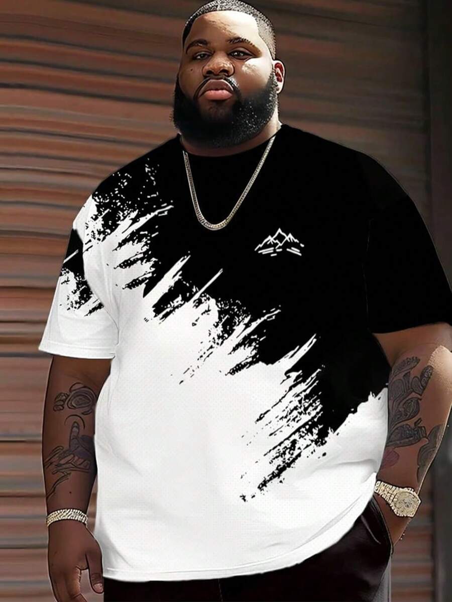 1 pieza Camiseta de manga corta casual en negro y blanco con efecto salpicado y diseño estampado con forma de montaña para hombre de talla grande
