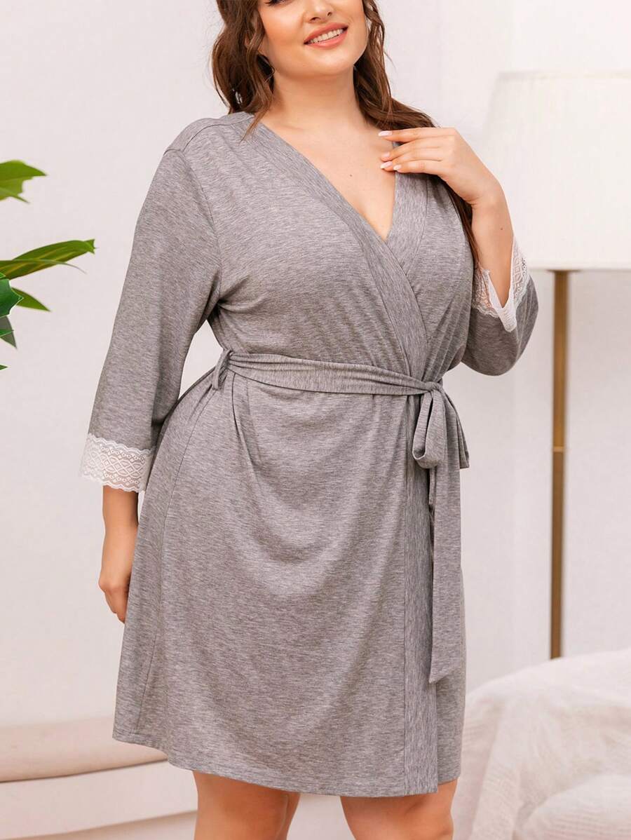 1 Peça Camisola Longa de Manga Comprida para Mulheres Plus Size, Elegante com Renda Recortada e Amarração, Malha, Primavera/Verão