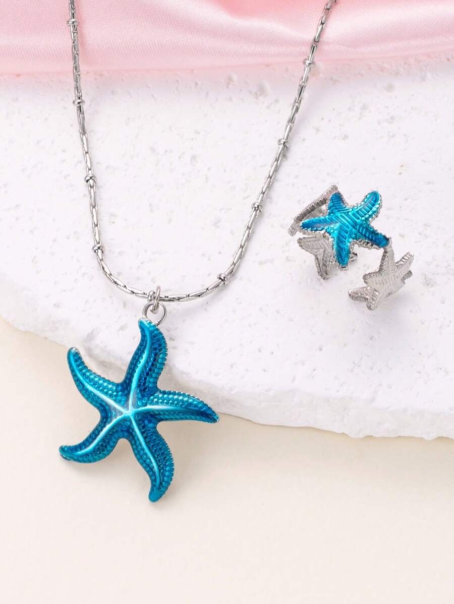 2pcs Bohemian Dopamine Y2k Stainless Steel Blue Starfish Ladies Necklace Ring Set For Men And Women Daily Wear Holiday Dating Gift Jewelry Summer Beach Vacation Men And Women Jewelry Set