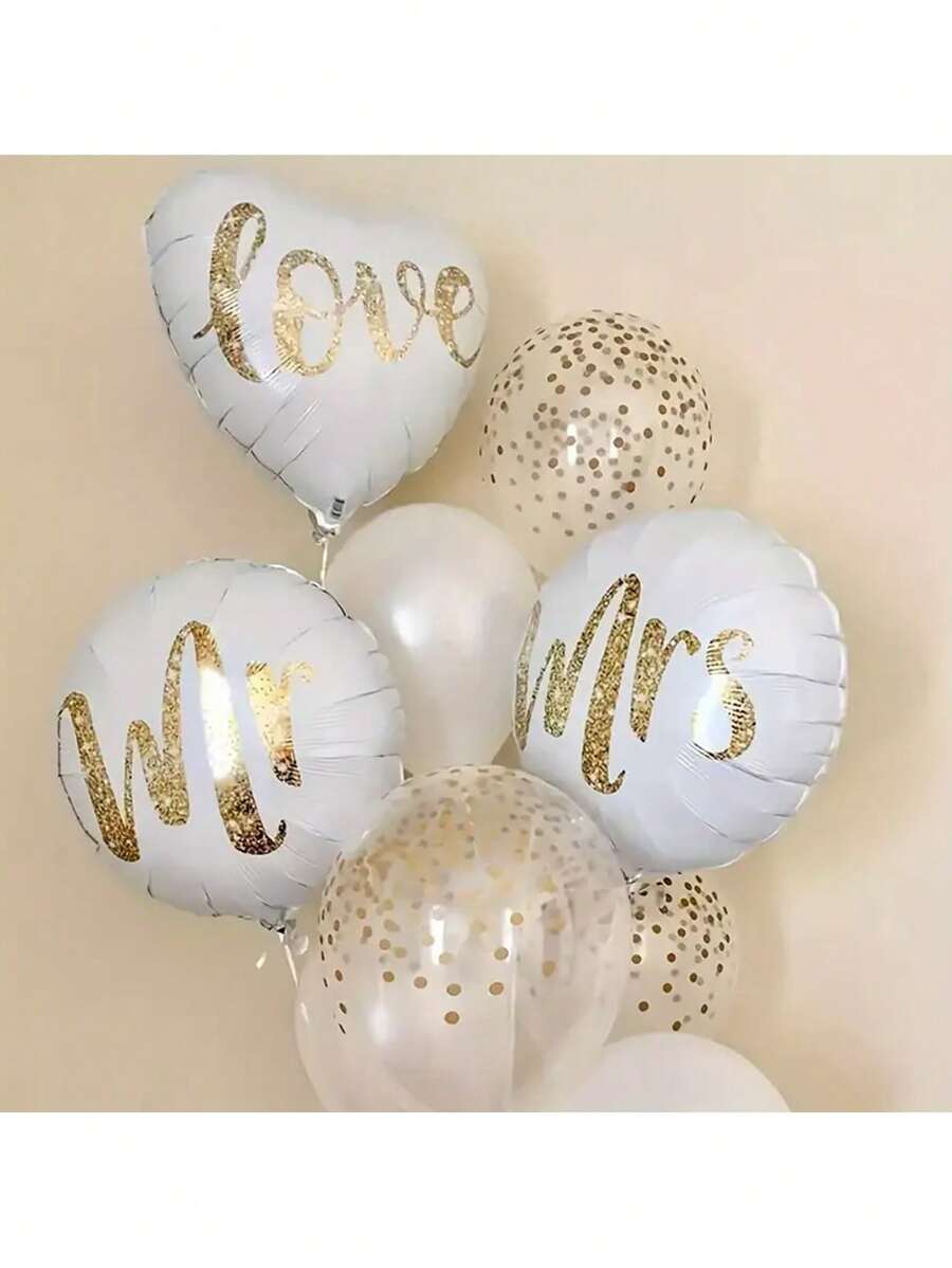 9pcs Wedding Balloons Mr&Mrs Aluminum Film Balloons Love Balloons Wedding Anniversary Photo Decoration Props Proposal Bachelorette Party Decoration Outdoor Wedding Golden Polka Dot Balloons Valentine's Day Decoration