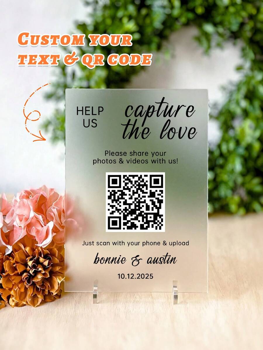 Placa de acrílico com código QR para casamento, ajuda a capturar o amor, placa com foto de casamento, placa com código QR digitalizável para chá de panela, placa personalizada para casamento