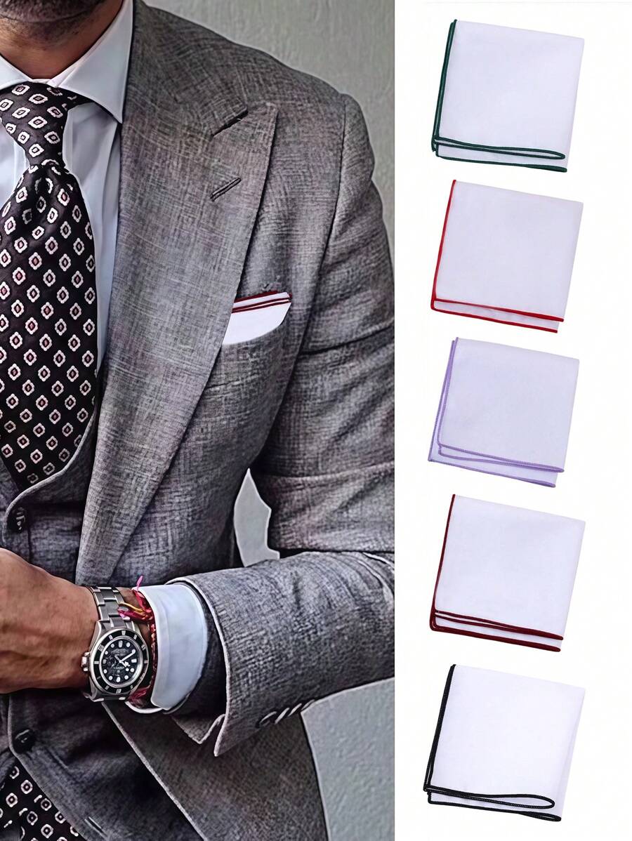 1pc Fashion Versatile White Pocket Square With Colored Trim, Business Suit Accessory Handkerchief For Men