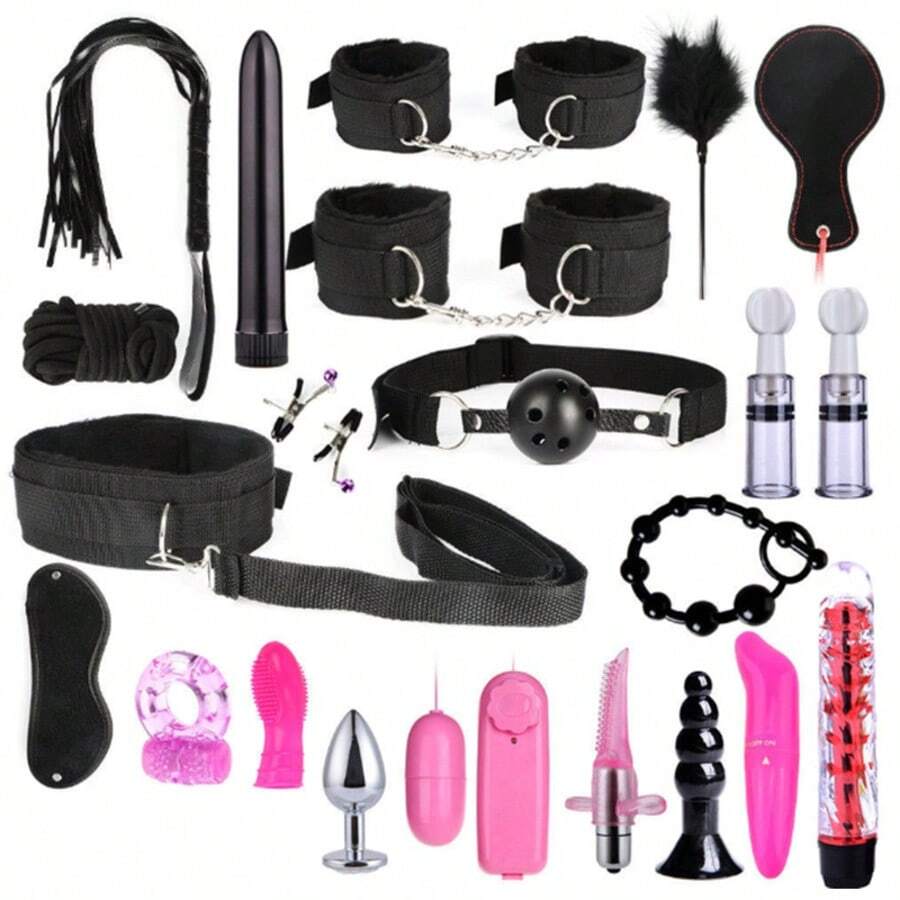 21 pièces Kit BDSM pour adultes Jouets sexuels pour femmes et hommes Menottes Pinces à mamelon Fouet Fessée Plug anal en métal Vibromasseur Produits SM