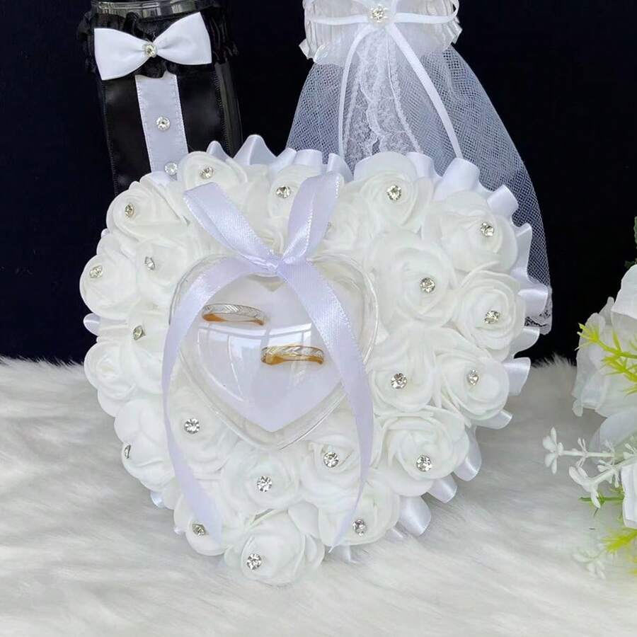 1 pieza Caja de anillo con forma de corazón romántica con rosa decorativa y rhinestones - cada centro de flor está decorado con piedras de cristal premium, adecuado para cualquier boda