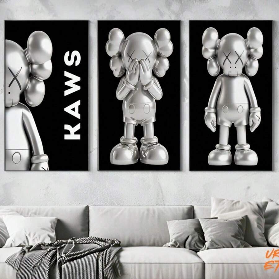 1/3 piezas Pintura artística minimalista estilo KAWS - Póster Kaws Pintura de arte contemporáneo de pared | Impresión de arte pop genial para decoración de dormitorio, oficina o estudio, póster de impresión en lienzo, 2D, excelente para decoración de habitación sin marco
