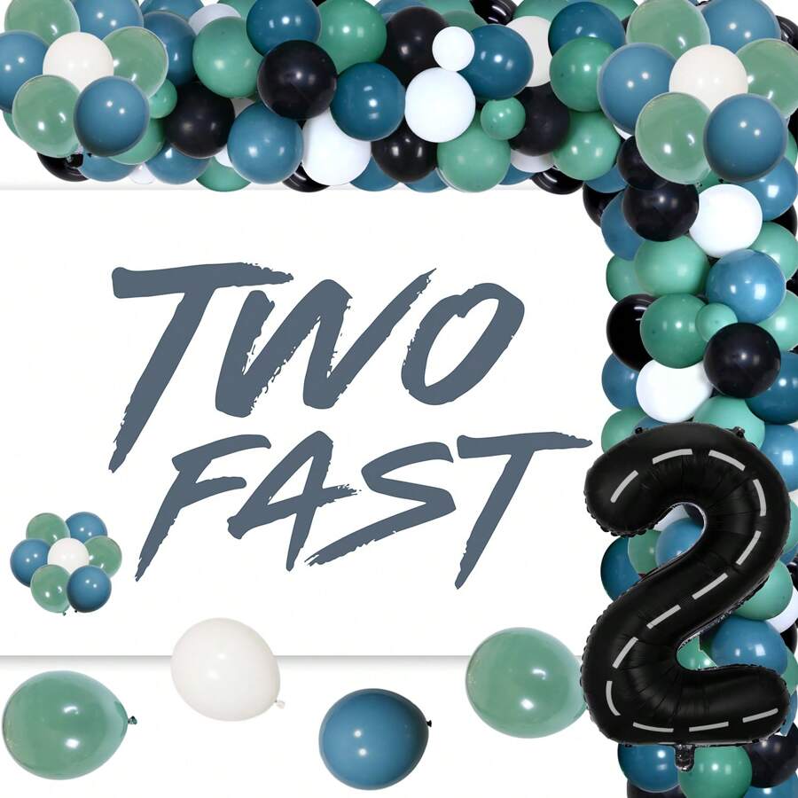 77 szt. wyścigowe 2-letnie białe tło z czarnym napisem tło balonowe girlanda łuk zestaw - minimalistyczne niebieskie i białe tło, numer 2 balony foliowe, balony lateksowe na 2. wyścigowe artykuły na imprezę urodzinową