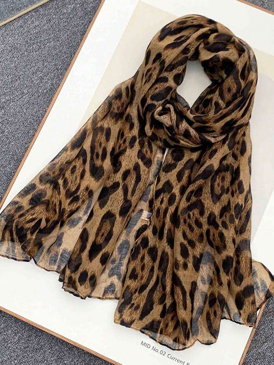1 pièce Foulard mode femme, foulard de soie oblong imprimé léopard style vintage américain rétro, tissu fin en satin haut de gamme, motif imprimé zébré léopard, châle essentiel pour les voyages extérieurs
