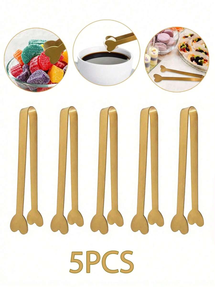 Set de 1/5 pinzas para azúcar con forma de corazón hechas de acero inoxidable, clips de cocina, pinzas para caramelos y postres, vajilla para fiestas y bodas
