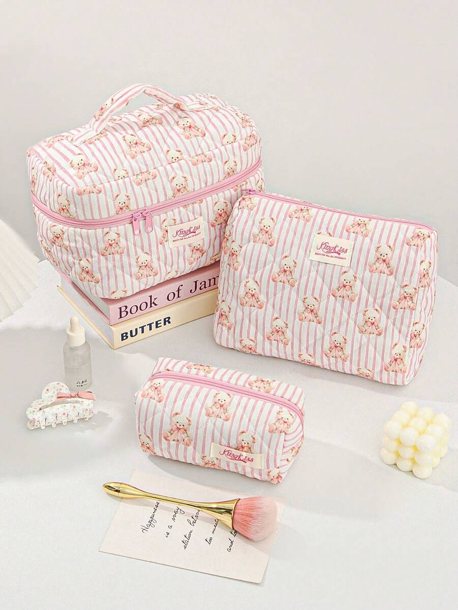 1 Piece Pink Stripe Multi-Purpose Portable Storage Bag Set For Home And Travel Cosmetic Bag Cute Bear Makeup Storage Makeup Organizer Travelling Stuff College Vacation Necessary Makeup Pouch Perfect Underarm Bag Portable Zipper Makeup Bags Mini Pouch Travel Small Makeup Case Accessories Make Up Holder Brush Bag