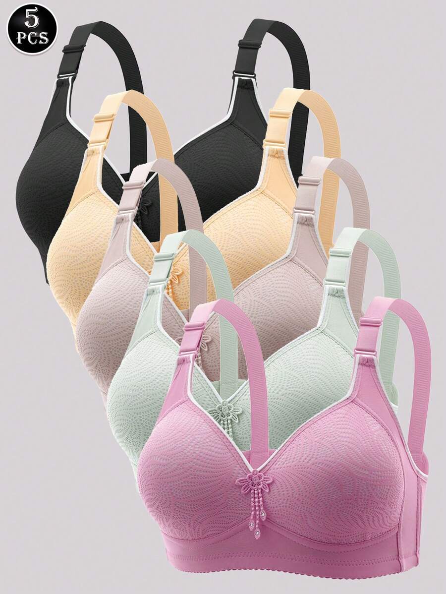 5 Peças Sutiã Feminino com Decoração de Laço de Renda, Sutiã com Sustentação e Push-Up Sem Arame, Lingerie Feminina