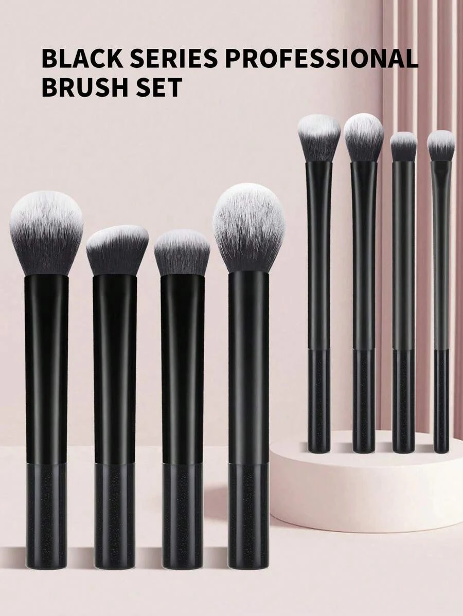 8-Piece Black Portable Makeup Brush Set, Made Of High-Strength Plastic Handles, Lightweight , Premium Synthetic Bristles, Soft And Smooth, Suitable For Makeup Enthusiasts