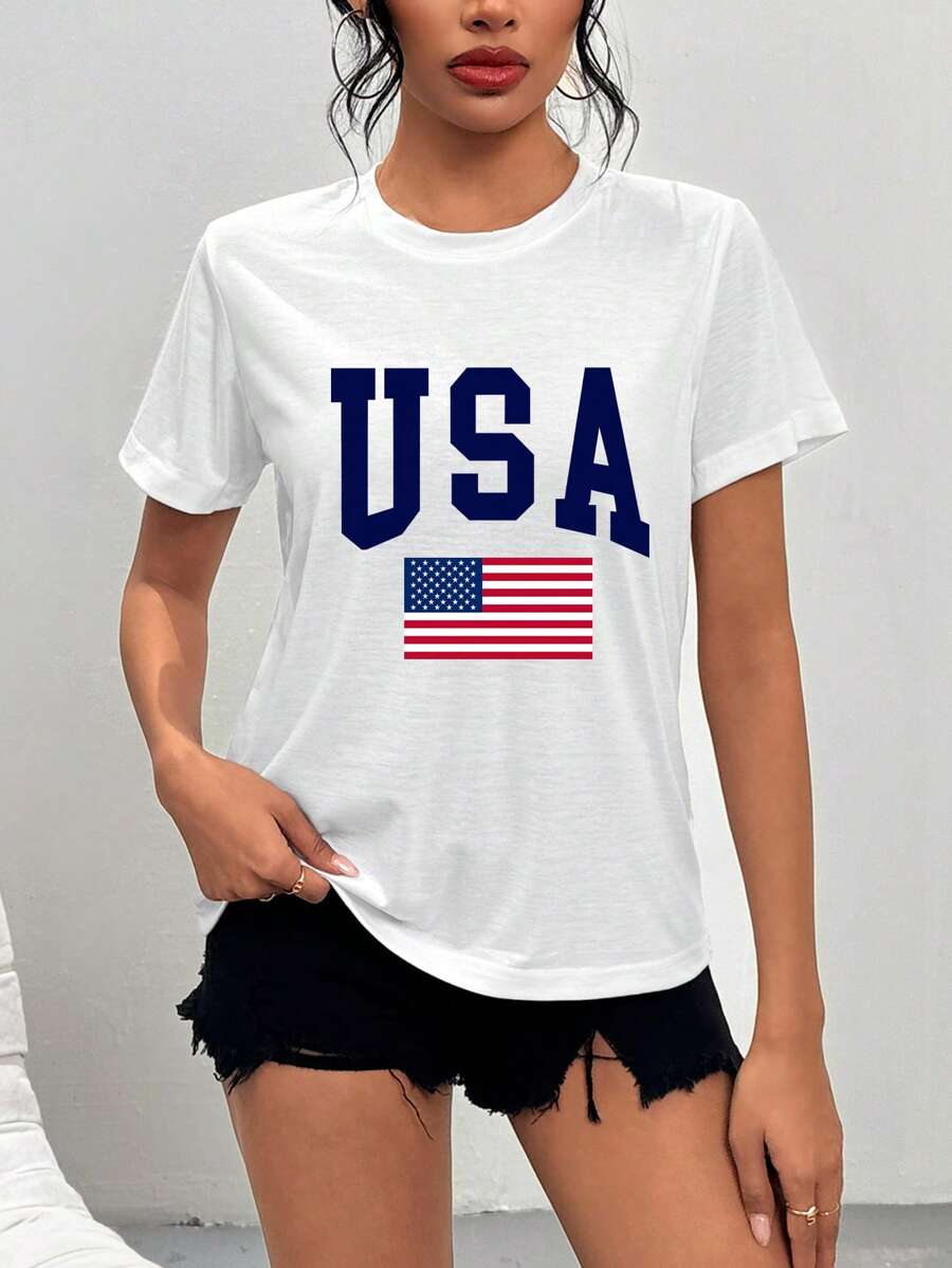 Damen lässiges Lässig Kurzarm einfaches T-Shirt mit Buchstaben- und USA-Flaggen-Muster-Druck - geeignet für den Sommer