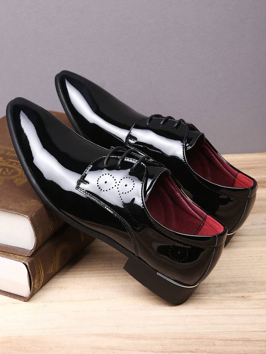 Men's Printed Pointed Toe Low-Top Lace-Up Low Heel Formal Dress Shoes, British Style For Mid-Aged, Party, Spring & Autumn, Hairdresser, PU Leather
