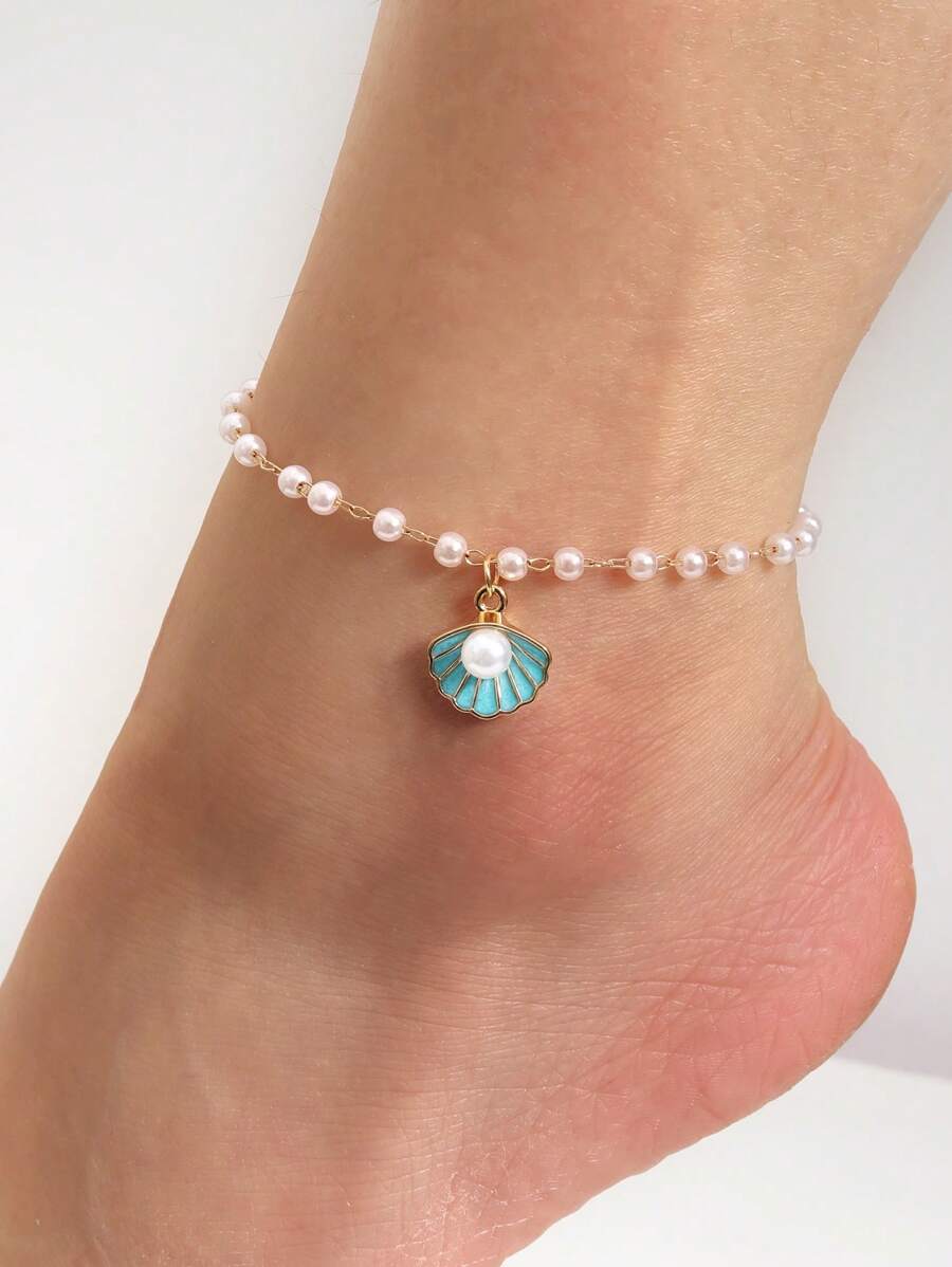 1 pieza Tobillera de mujer con estilo bohemio, de playa y oceánico, con perlas falsas y conchas azules, adecuada para la vida cotidiana, regalos y accesorios de moda