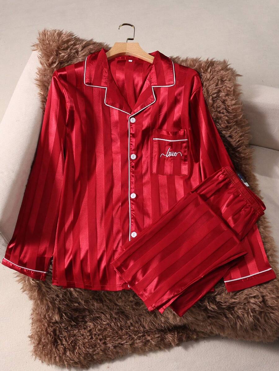 Two Pieces Sets Large Striped Men's Embroidered Pajamas With Open Button Top And Pants Set