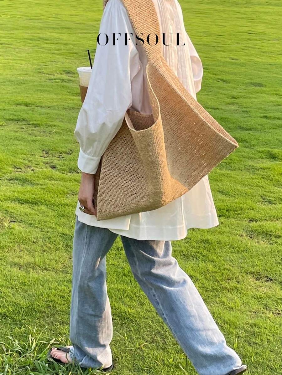 Bolsa de praia coreana de palha de vime tecida à mão, grande capacidade, estilo férias, casual, viagem, desleixada, chique, estilo, bolsa de ombro, axila, grande