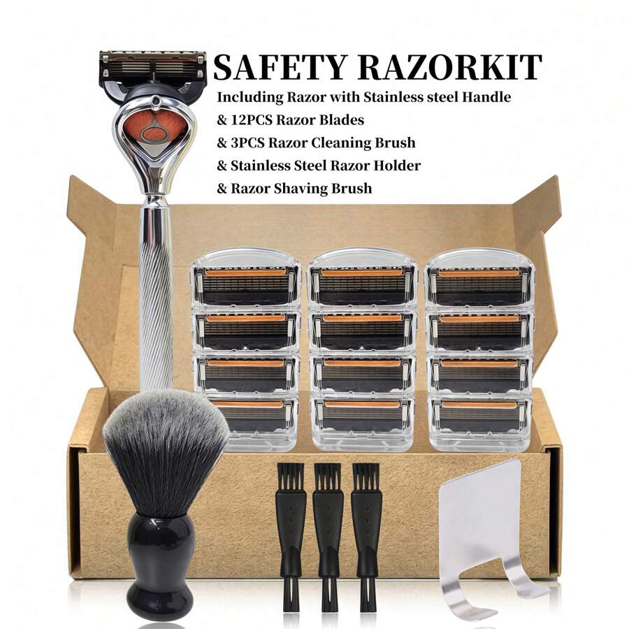 Stainless Steel Razor Shaving Set, Non-Slip Metal Handle, Contour Attachments, Fully Washable, Includes Shaving Brush And Stand, Cleaning Brush, With Replacement Blades, Gift For Father And Boyfriend