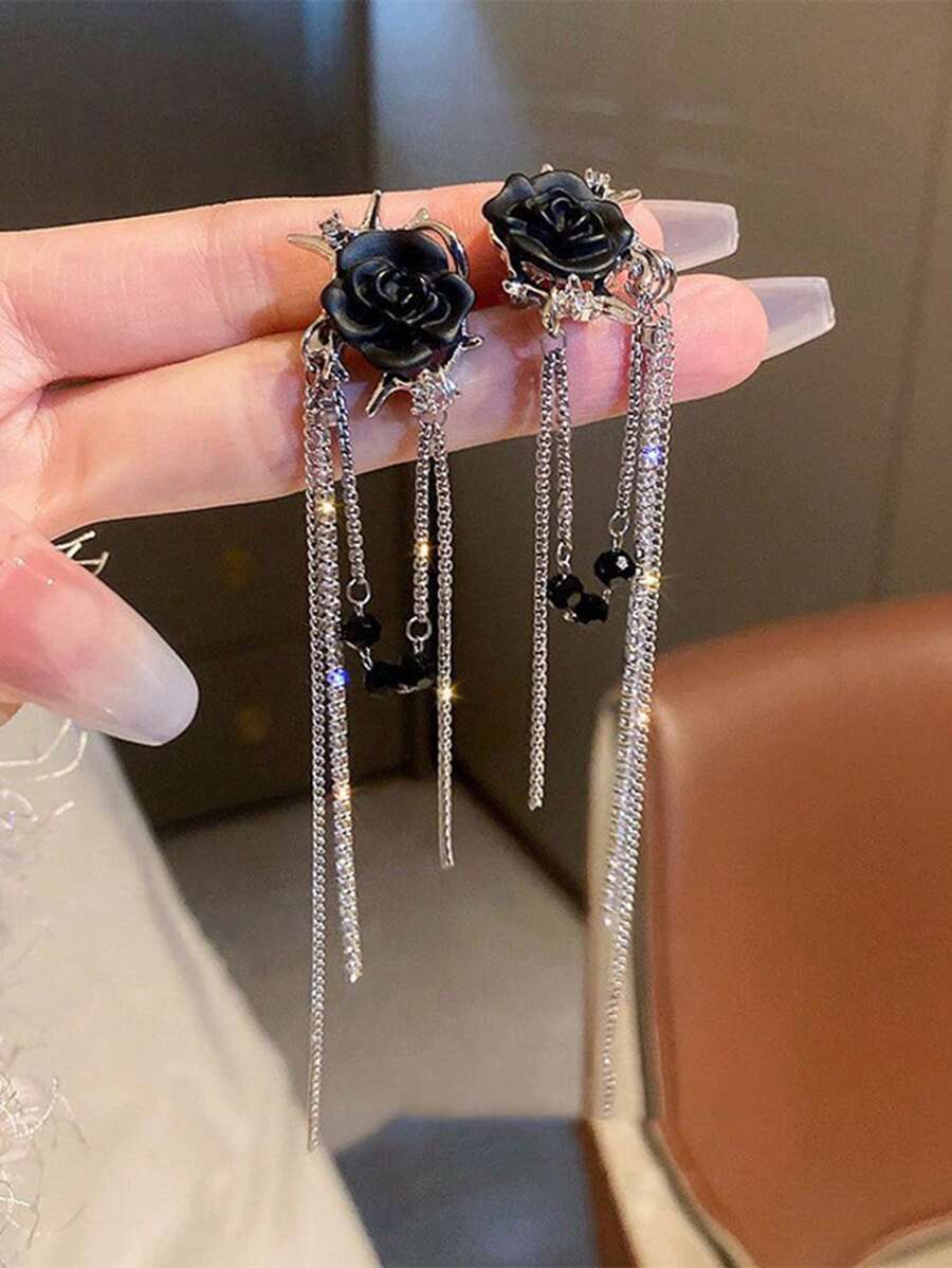 1 Pair Retro Black Rose Long Tassel Elegant & Chic Earrings, Luxury Niche High-End Design For Women