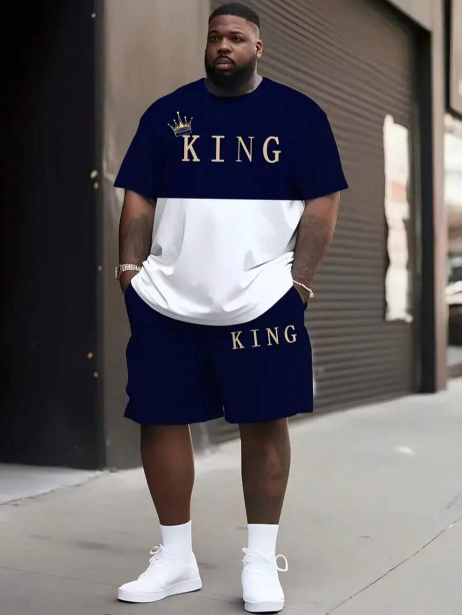 Blue & White Splice Plus Size Men Short Sleeve Set, Letter "KING" Graphic Breathable Sports Suit, Summer Street Casual Striped Short Sleeve & Shorts Set