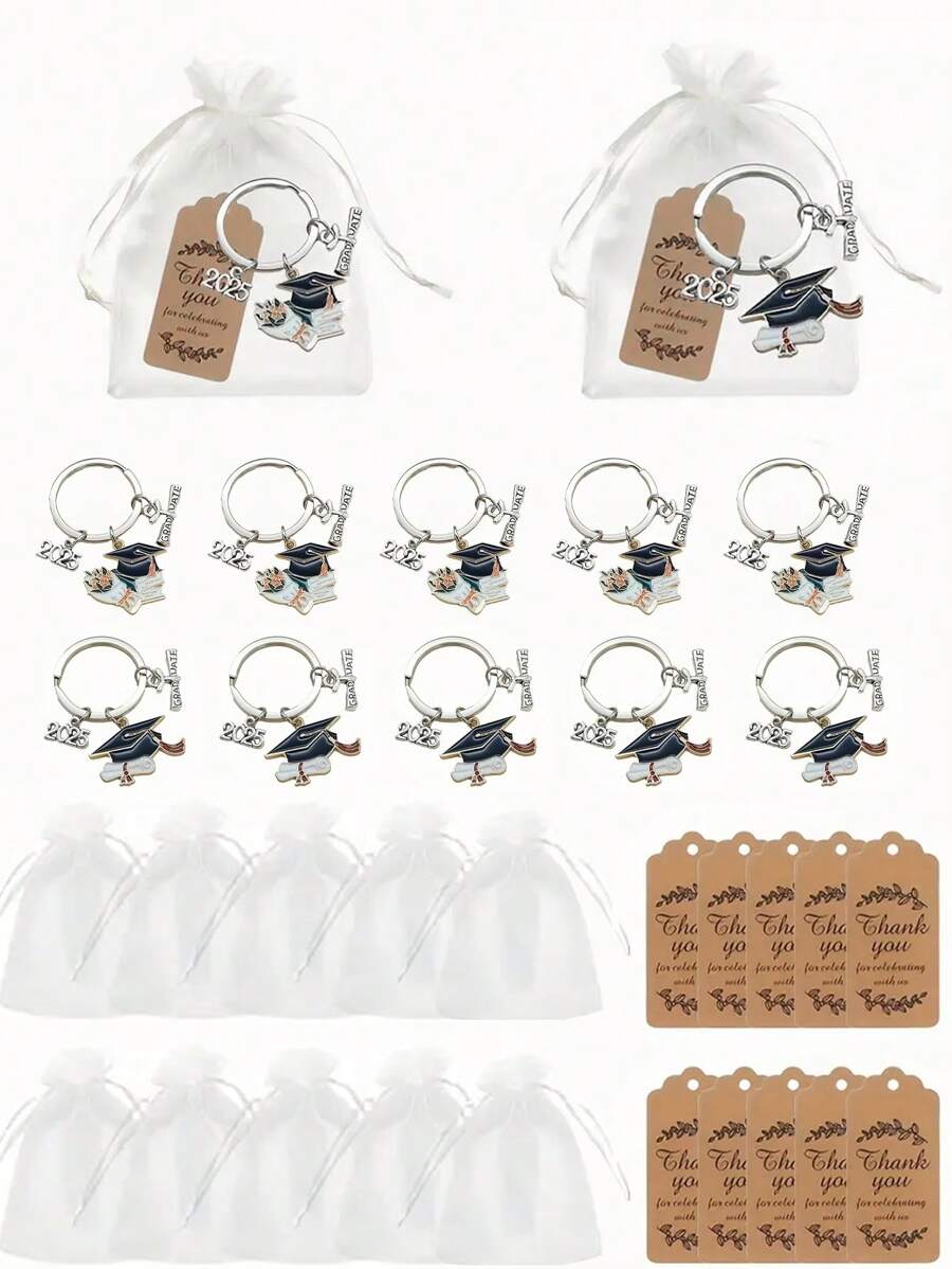 Set de 3/15 llaveros de graduación 2025, con llavero con patrón de birrete, etiqueta de agradecimiento y bolsa de organza blanca, recuerdos de fiesta de graduación, decoración para la fiesta de graduación, apropiado para recuerdo de graduación, regalo de graduación, ceremonia de graduación, decoración navideña
