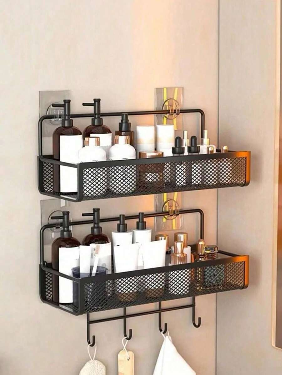1pc Metal Wire Mesh Bathroom Storage Rack, Wall Mounted Kitchen Basket, No-Drill Shelf Organizer For Bathroom & Kitchen Back To School