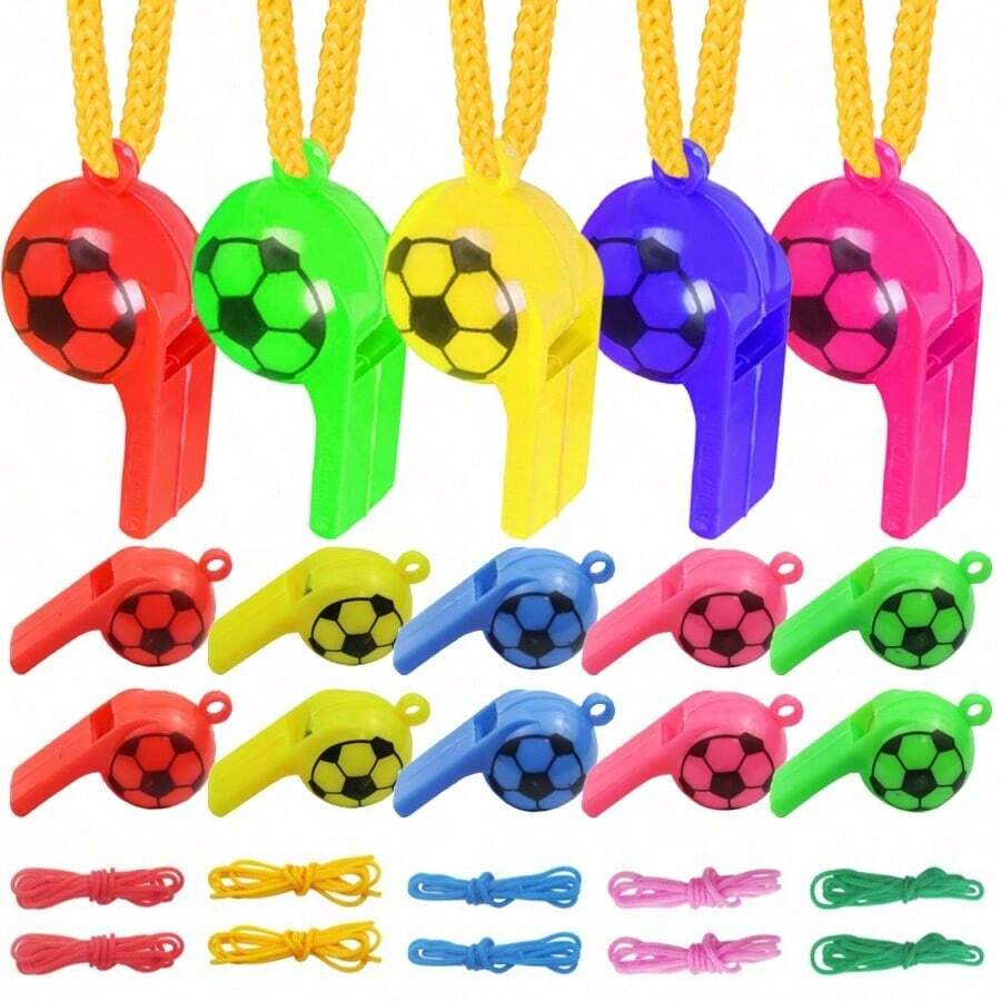 10 piezas de silbatos de plástico de colores pequeños, silbatos para hacer ruido en fiestas con cordón de color, silbato de árbitro de fútbol, accesorios para fiesta de carnaval