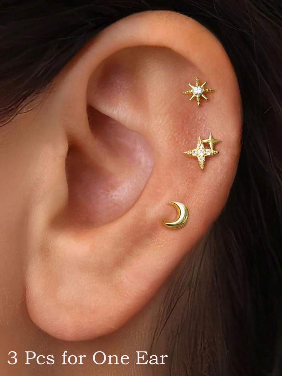 Set de 3 piezas de pendientes de aro con estrella y luna CZ para el trago, hélix, 14K enchapado en oro, zirconia redonda, joyería corporal hipoalergénica con cierre a presión para perforaciones múltiples