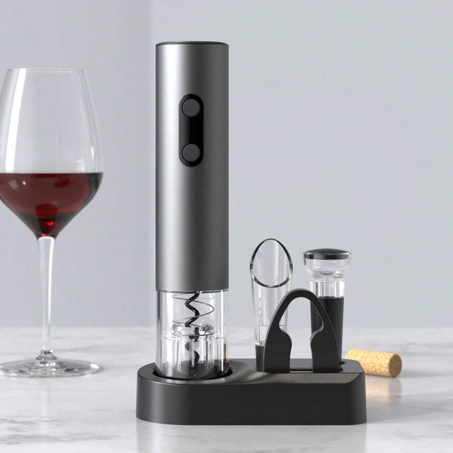 Electric Wine Bottle Opener, Ideal For Parties And Wine Lovers - Kitchen Accessories Gift, Easy Wine Opener And Storage, Battery Operated (Batteries Not Included). Available In Set And Single Unit, Set Includes Opener, Foil Cutter, And Storage Base.