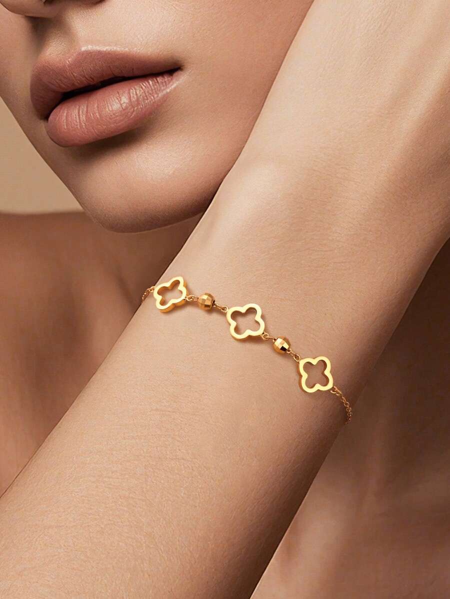 1Pc Exquisite Minimalist 925 Sterling Silver Hollow Four Leaf Clover Bracelet Chain 18K Gold Plated For Daily Wear,Suitable For Mother's Day, Fine Jewelry Gift