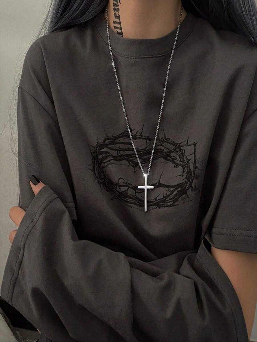1pc Titanium Steel Simple Cross Pendant Necklace, Fashionable Versatile Stainless Steel Accessory