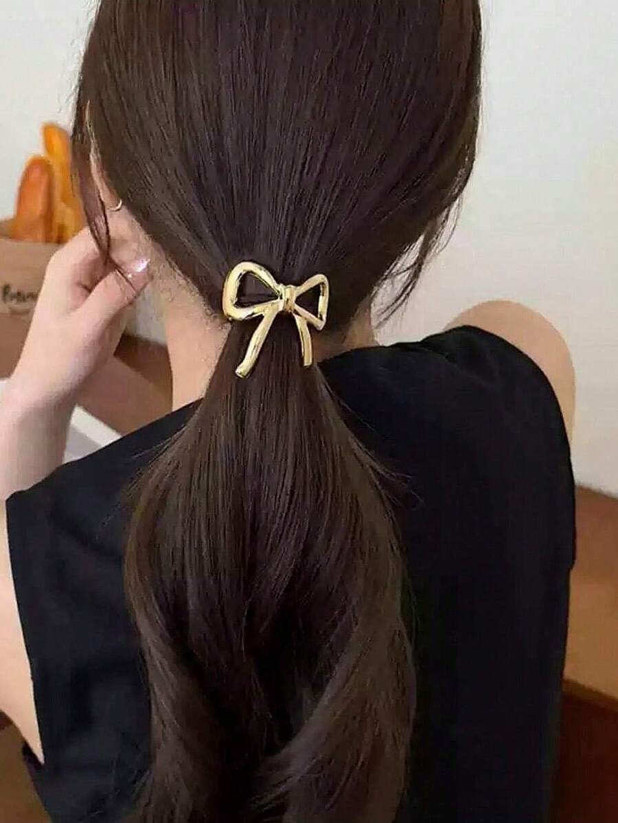 1pc Elegant Metal Bow Elastic Hair Band, Durable High Elasticity Hair Tie For Ponytail, Everyday Wear,Hair Accessories,Hair Elastics,Hair Ties,Hair Rope