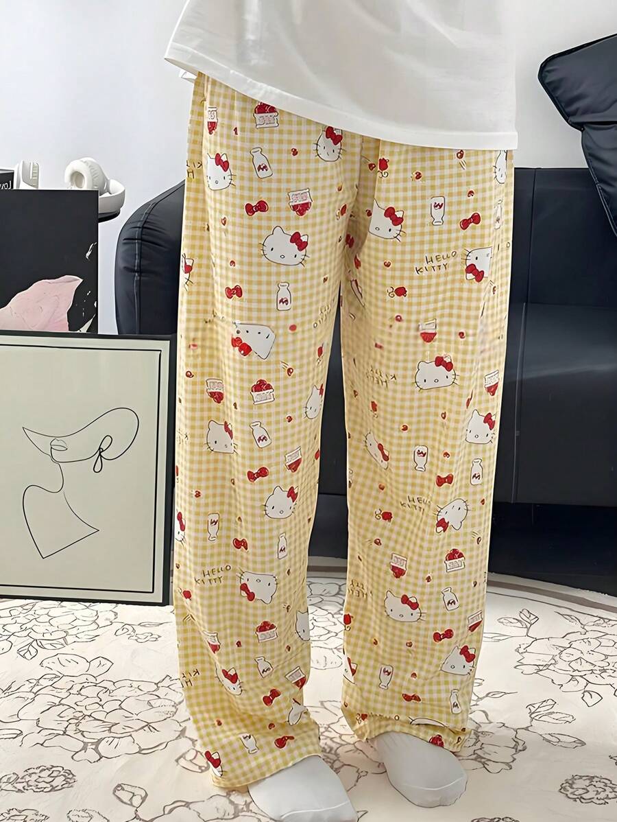 Pantalón de estar por casa con estampado de dibujos animados adorable para mujeres, de corte cómodo y holgado, apto para todas las estaciones