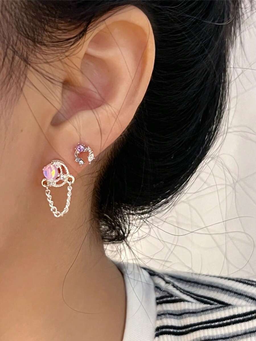 6pcs/Set Stylish Purple Geometric Unicorn, Starry Diamond, Heart & Moon Stud Earrings Set