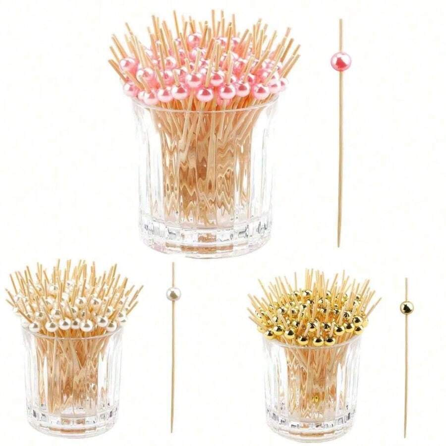 20/50/100pcs Picks, 4.7 Inch Appetizer Toothpicks, White/Pink/Golden Pearl Bamboo Skewers For Appetizers, Fruits, Cupcakes, Charcuterie, Drinks Garnish Christmas Holiday Birthday Party Decorations Supplies, Toothpicks, Food Picks, For Wedding Birthday Buffet Party Food Decorations