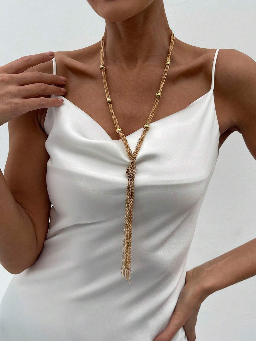 1pc Elegant Chain-Woven Tassel Necklace, Luxury Fashion Wedding Party Women & Couples Versatile Long Necklace Gift