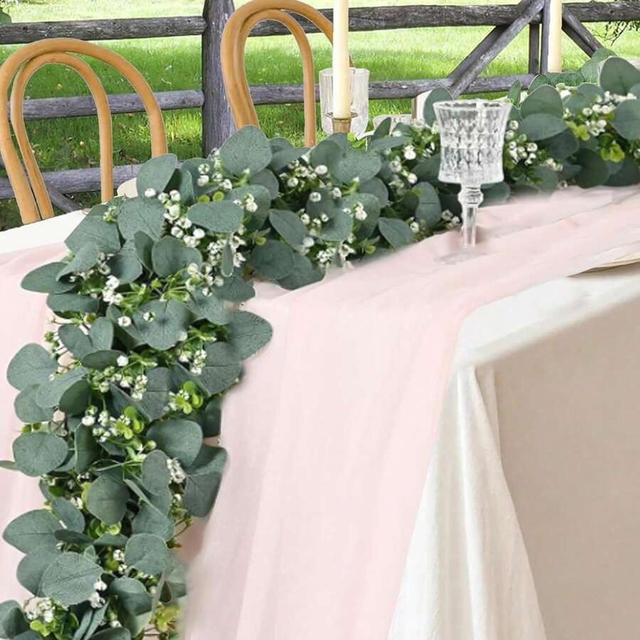 1pc Eucalyptus Garland Lush Silver Dollar Eucalyptus Leaves Boxwood Artificial Faux Greenery Garland Vines For Baby Shower Wedding Party Table Runner Room Home Mantle Decor