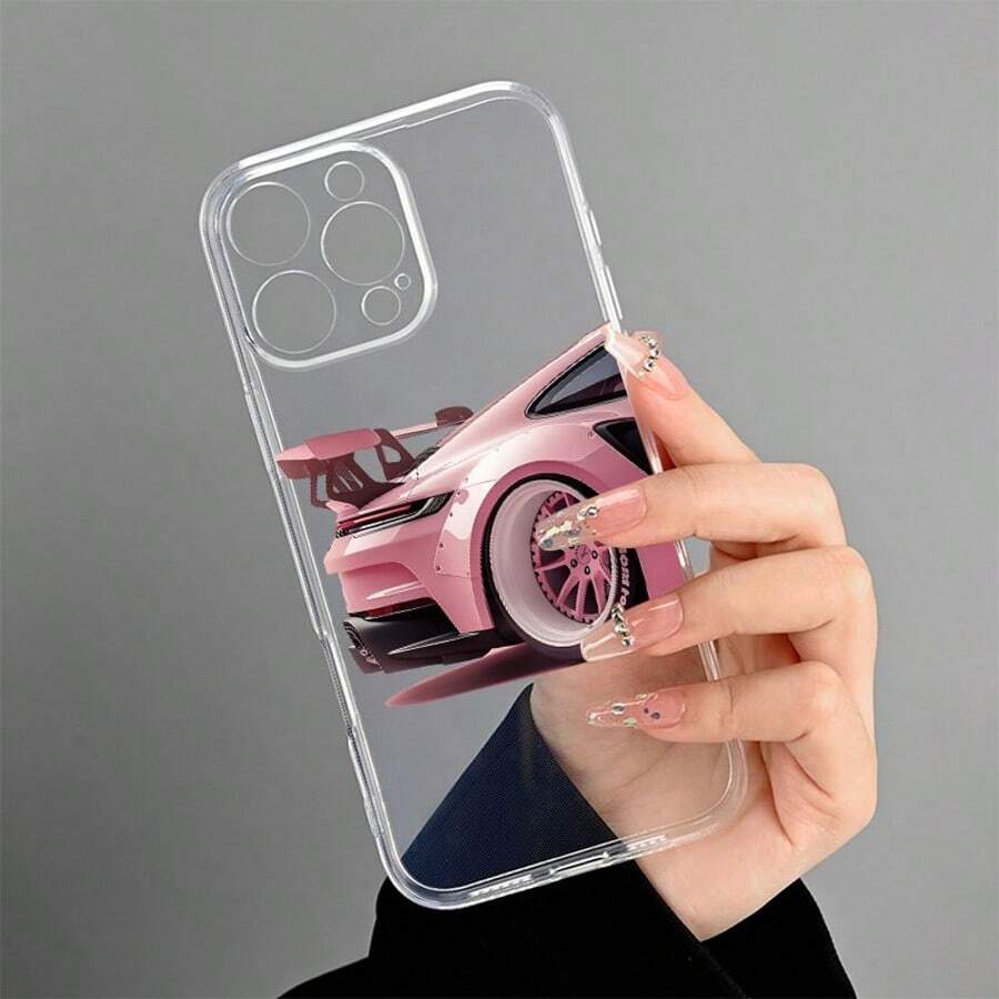 1 pieza Funda de teléfono móvil con diseño de auto rosa, cubierta de teléfono protectora impresa con UV, apta para 11 12 13 14 15 16 Pro Max XR X/XS 7 8 Plus SE Mini, diseño creativo personalizado