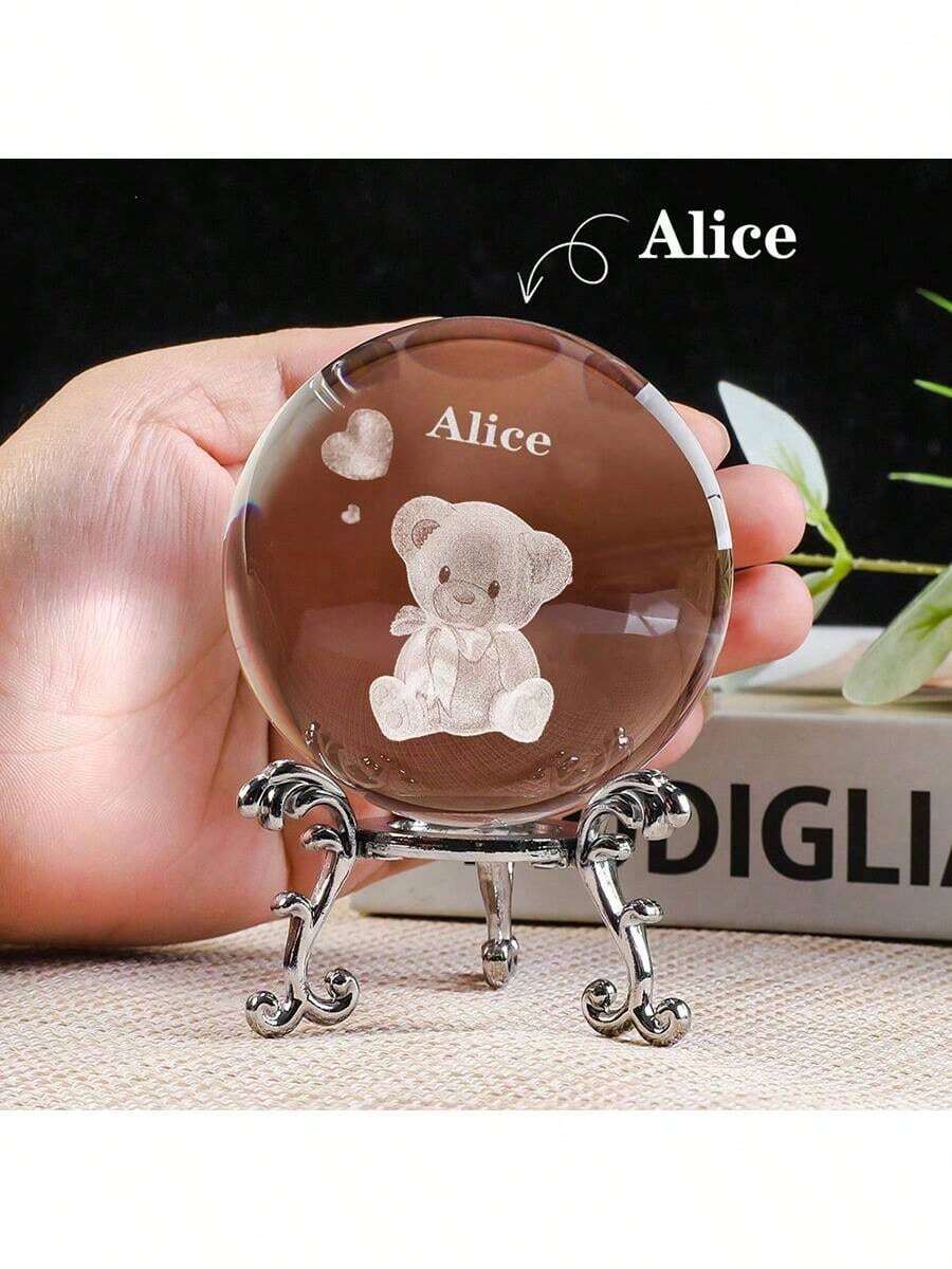 Customized Creative 3D Carved Crystal Ball With Base, Desk Decor Gift, Cute Bear Crystal Ball Customized Text, Christmas/Birthday Gift, Valentine Day Decor, Wedding, Valentines Party Favors, Galentines Party Favors, Gift Ideas